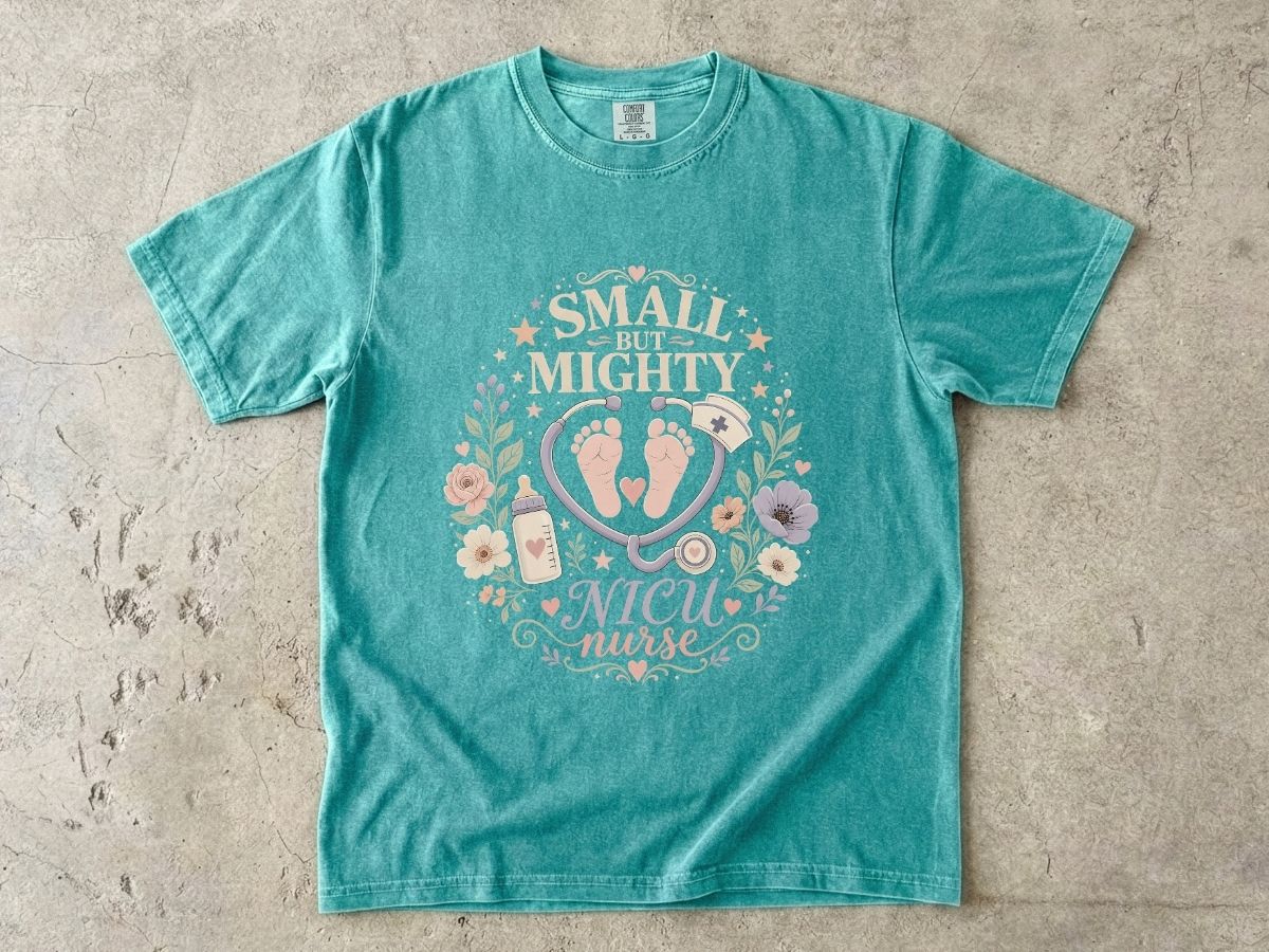 NICU Nurse T‑Shirt — "Small But Mighty" Floral Stethoscope Tee