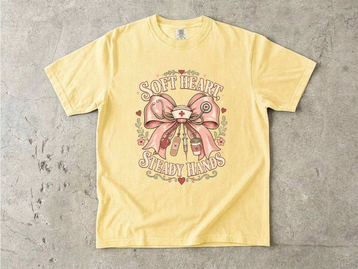 Soft Heart Steady Hands T-Shirt — Nurse/Healthcare Gift Vintage Ribbon Design