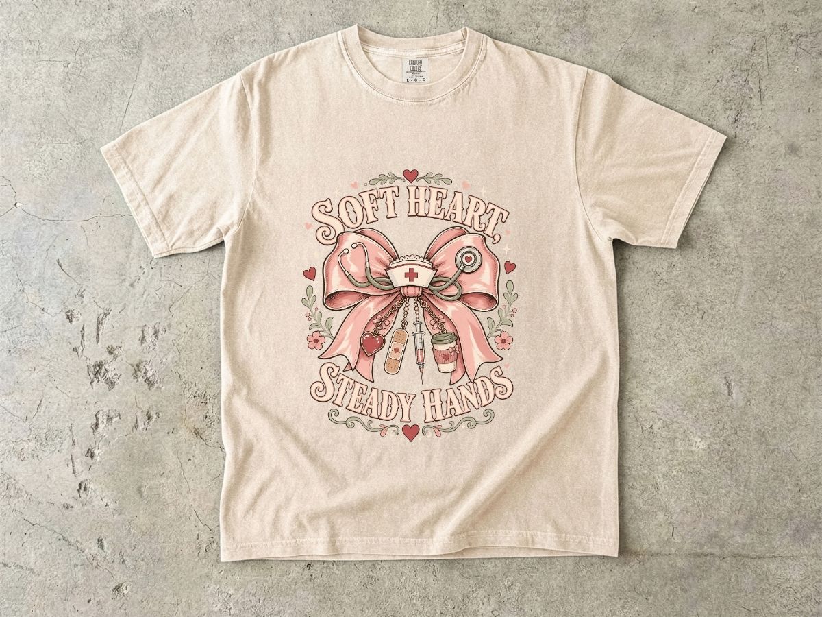 Soft Heart Steady Hands T-Shirt — Nurse/Healthcare Gift Vintage Ribbon Design