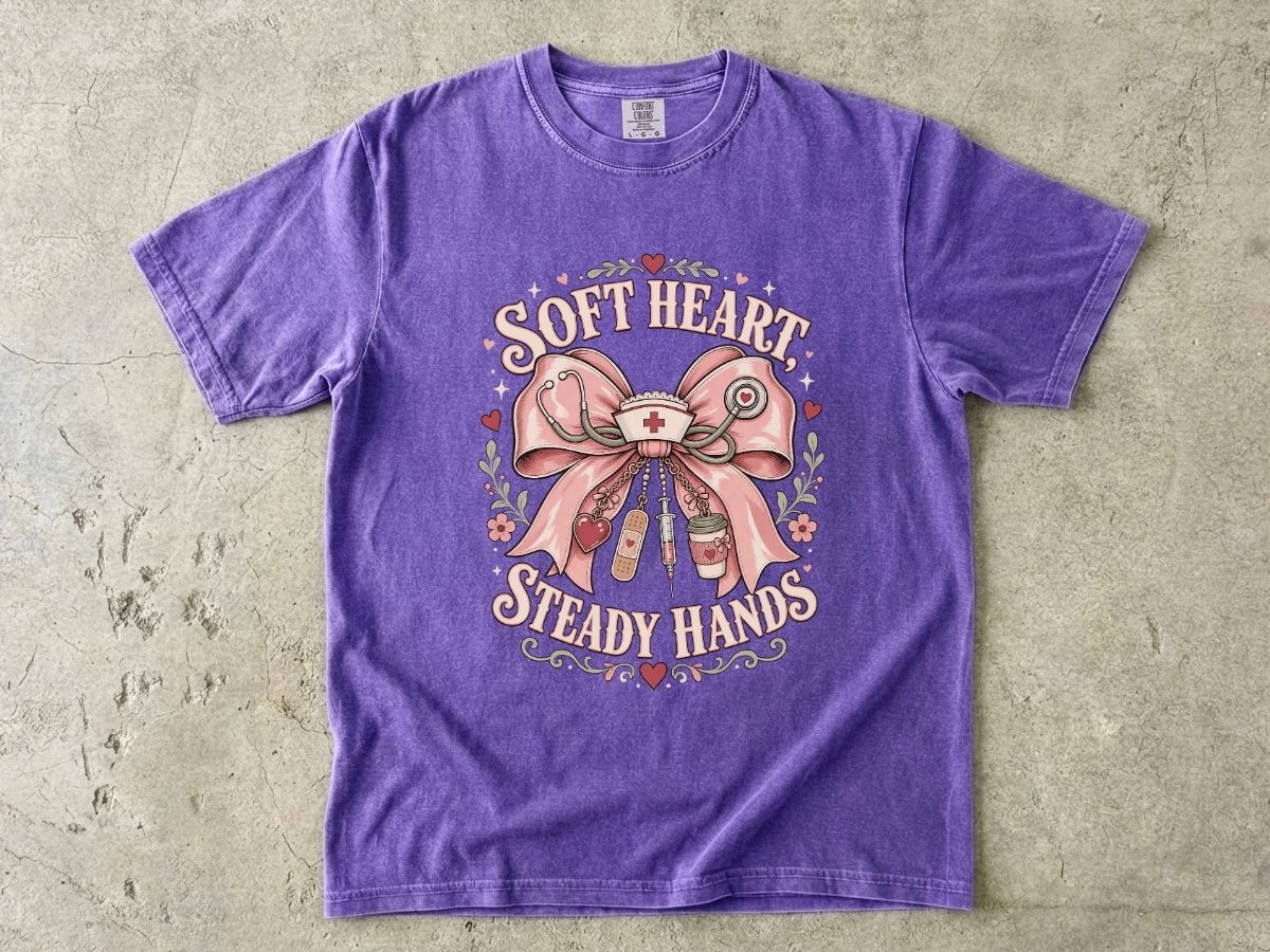 Soft Heart Steady Hands T-Shirt — Nurse/Healthcare Gift Vintage Ribbon Design