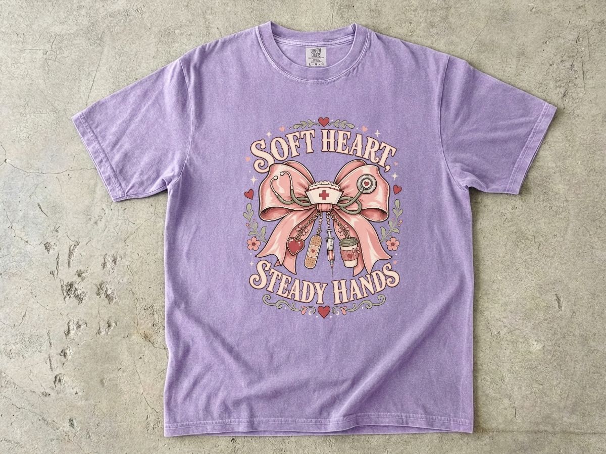 Soft Heart Steady Hands T-Shirt — Nurse/Healthcare Gift Vintage Ribbon Design