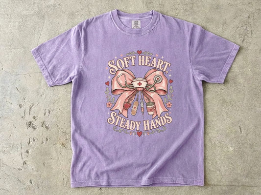 Soft Heart Steady Hands T-Shirt — Nurse/Healthcare Gift Vintage Ribbon Design