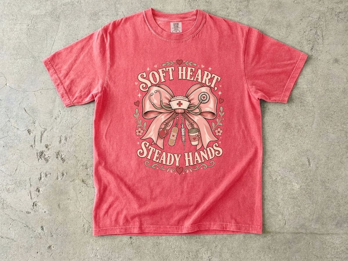 Soft Heart Steady Hands T-Shirt — Nurse/Healthcare Gift Vintage Ribbon Design