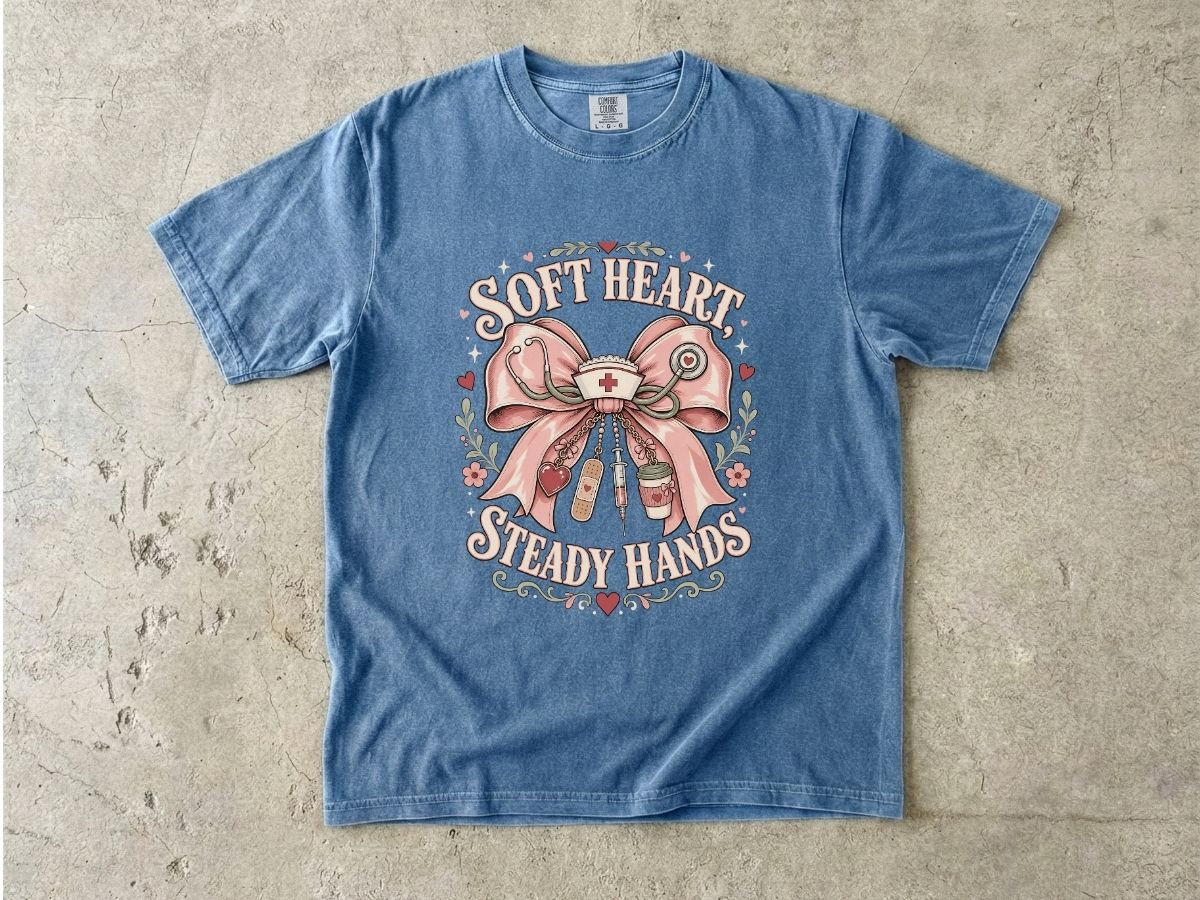 Soft Heart Steady Hands T-Shirt — Nurse/Healthcare Gift Vintage Ribbon Design