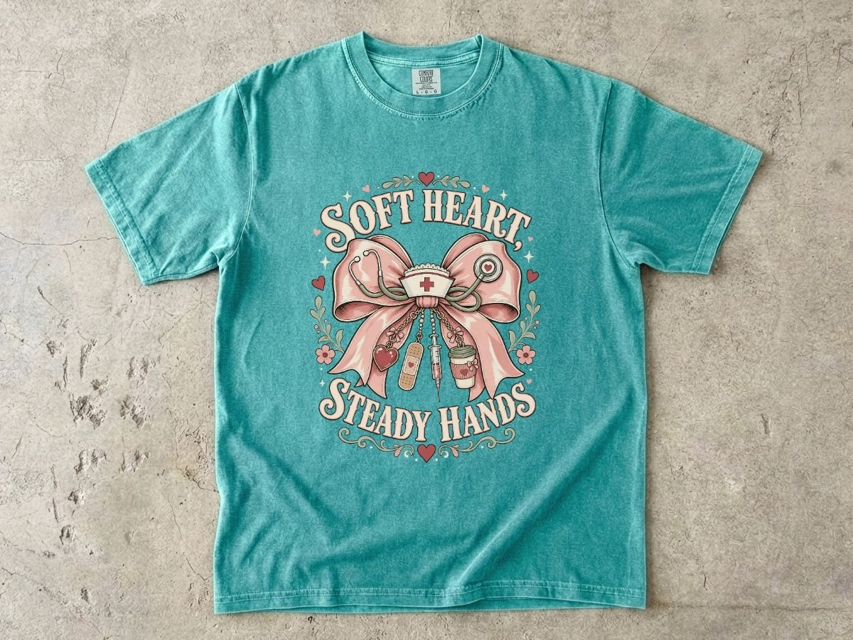 Soft Heart Steady Hands T-Shirt — Nurse/Healthcare Gift Vintage Ribbon Design