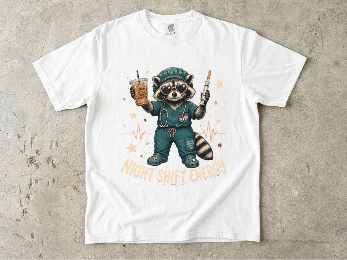Night Shift Energy T-Shirt — Cute Raccoon Nurse Scrubs Coffee Tee