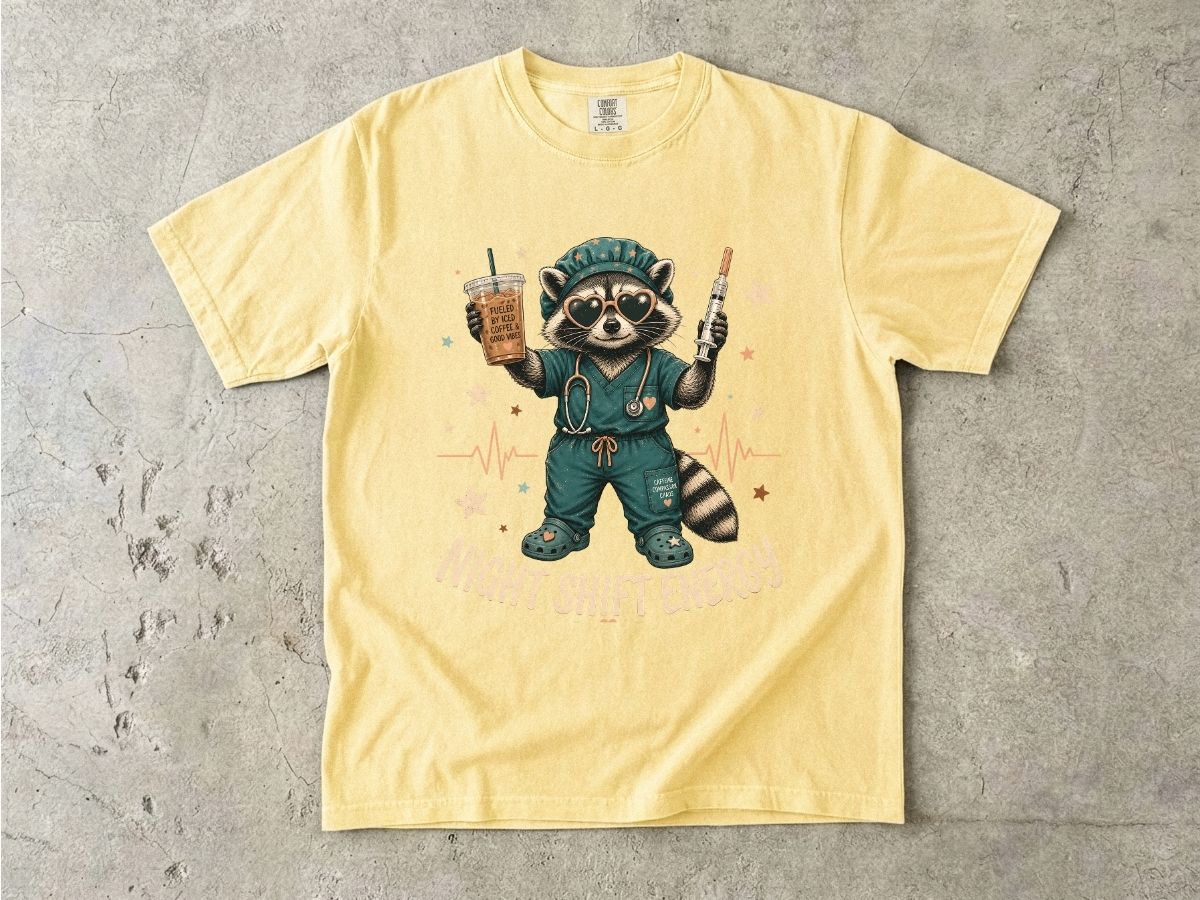 Night Shift Energy T-Shirt — Cute Raccoon Nurse Scrubs Coffee Tee