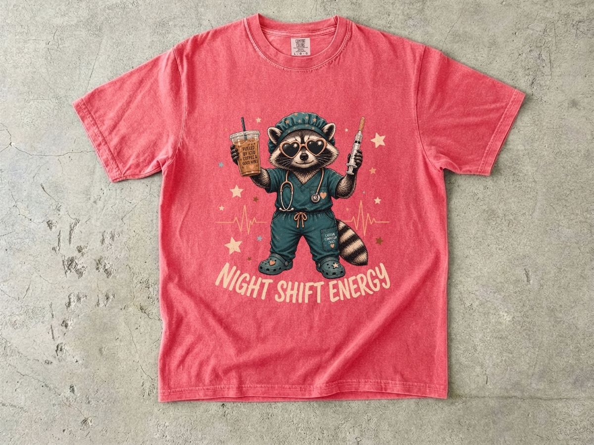 Night Shift Energy T-Shirt — Cute Raccoon Nurse Scrubs Coffee Tee
