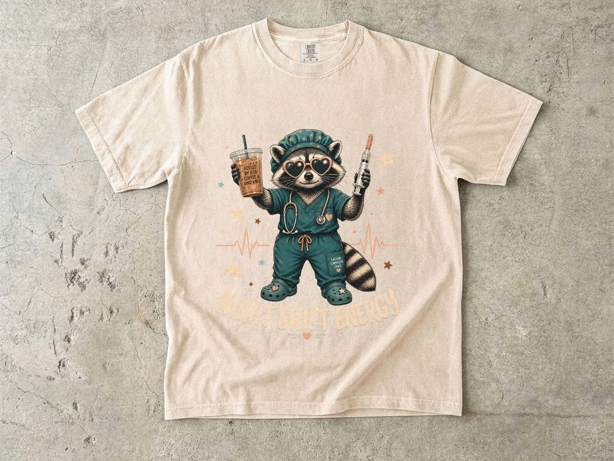 Night Shift Energy T-Shirt — Cute Raccoon Nurse Scrubs Coffee Tee