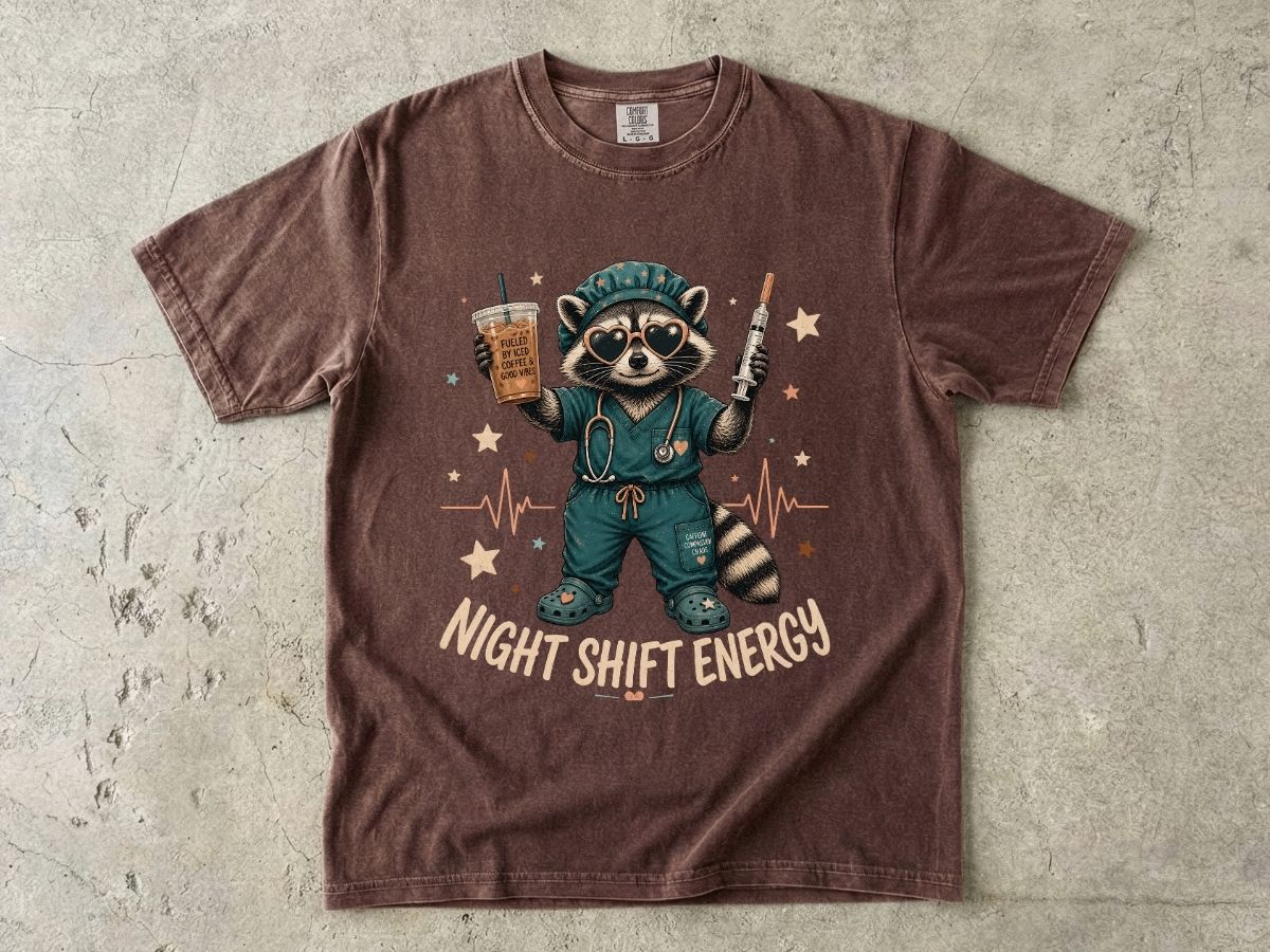 Night Shift Energy T-Shirt — Cute Raccoon Nurse Scrubs Coffee Tee