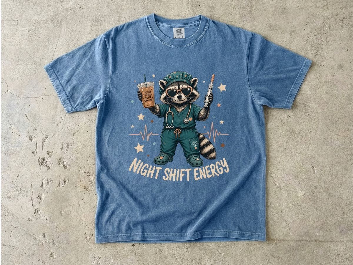 Night Shift Energy T-Shirt — Cute Raccoon Nurse Scrubs Coffee Tee