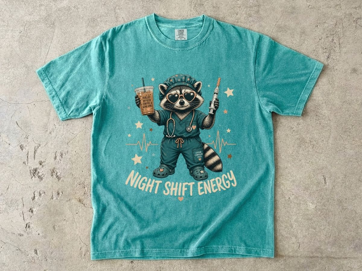 Night Shift Energy T-Shirt — Cute Raccoon Nurse Scrubs Coffee Tee