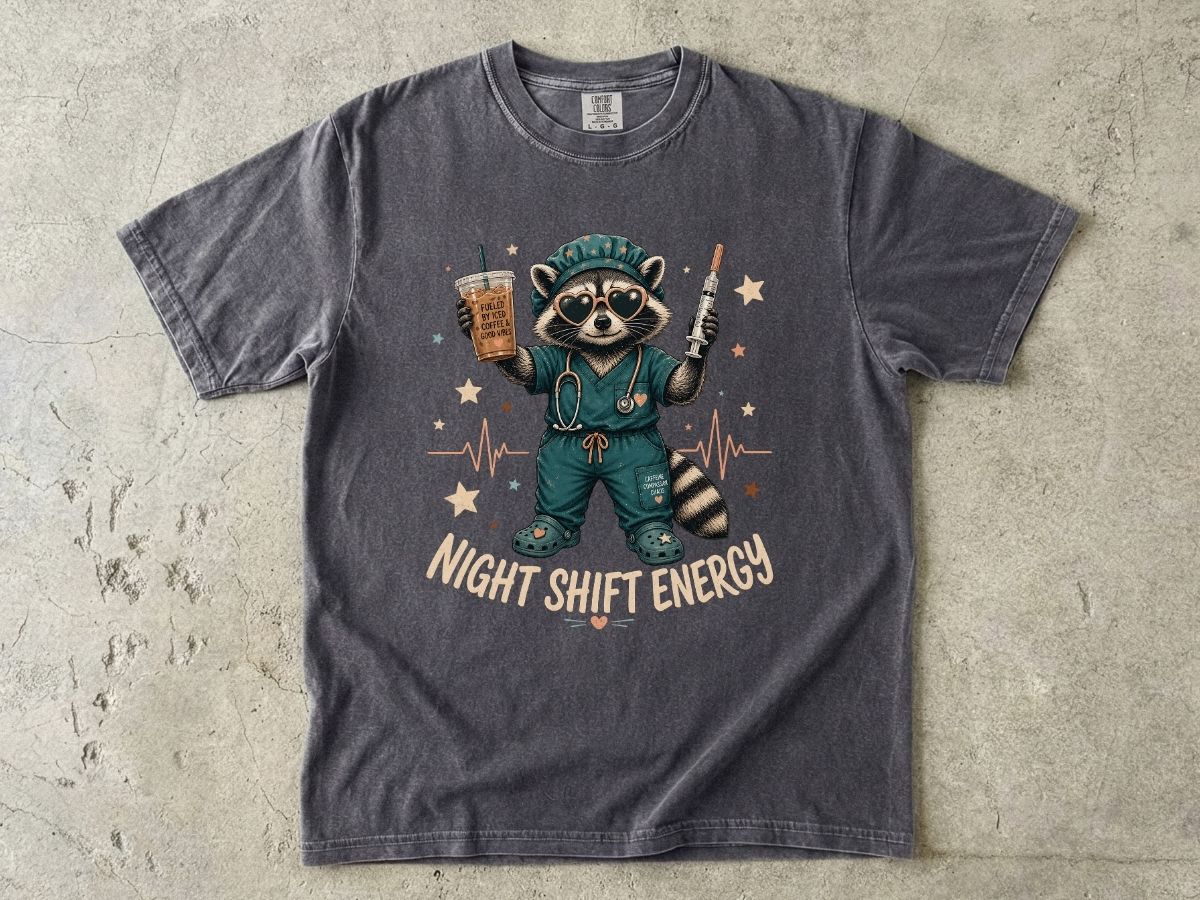 Night Shift Energy T-Shirt — Cute Raccoon Nurse Scrubs Coffee Tee