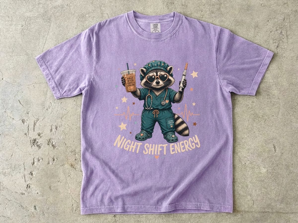 Night Shift Energy T-Shirt — Cute Raccoon Nurse Scrubs Coffee Tee