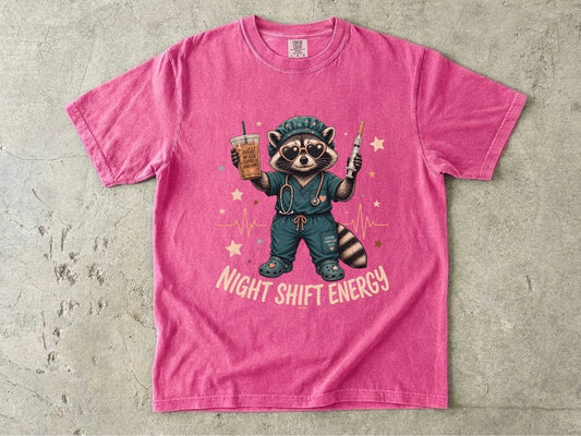 Night Shift Energy T-Shirt — Cute Raccoon Nurse Scrubs Coffee Tee