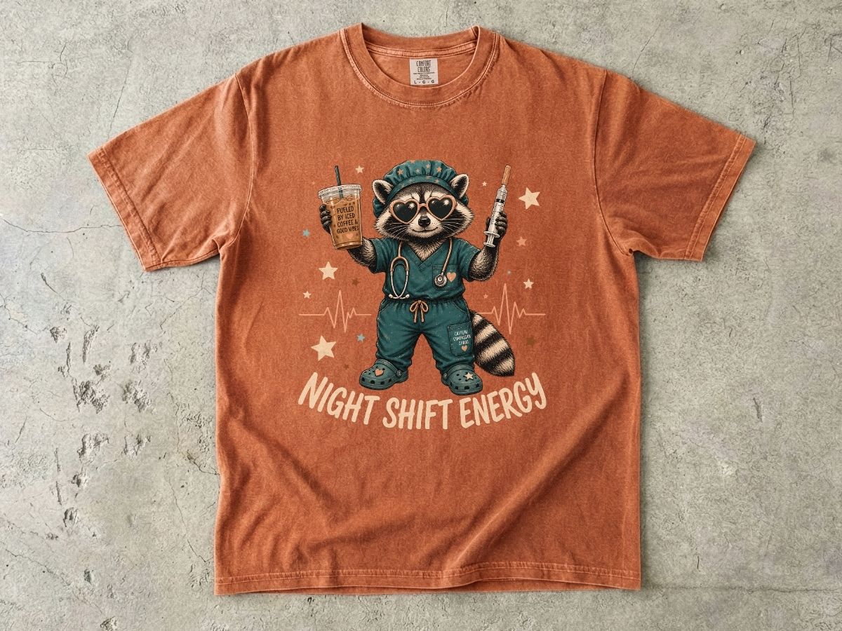 Night Shift Energy T-Shirt — Cute Raccoon Nurse Scrubs Coffee Tee