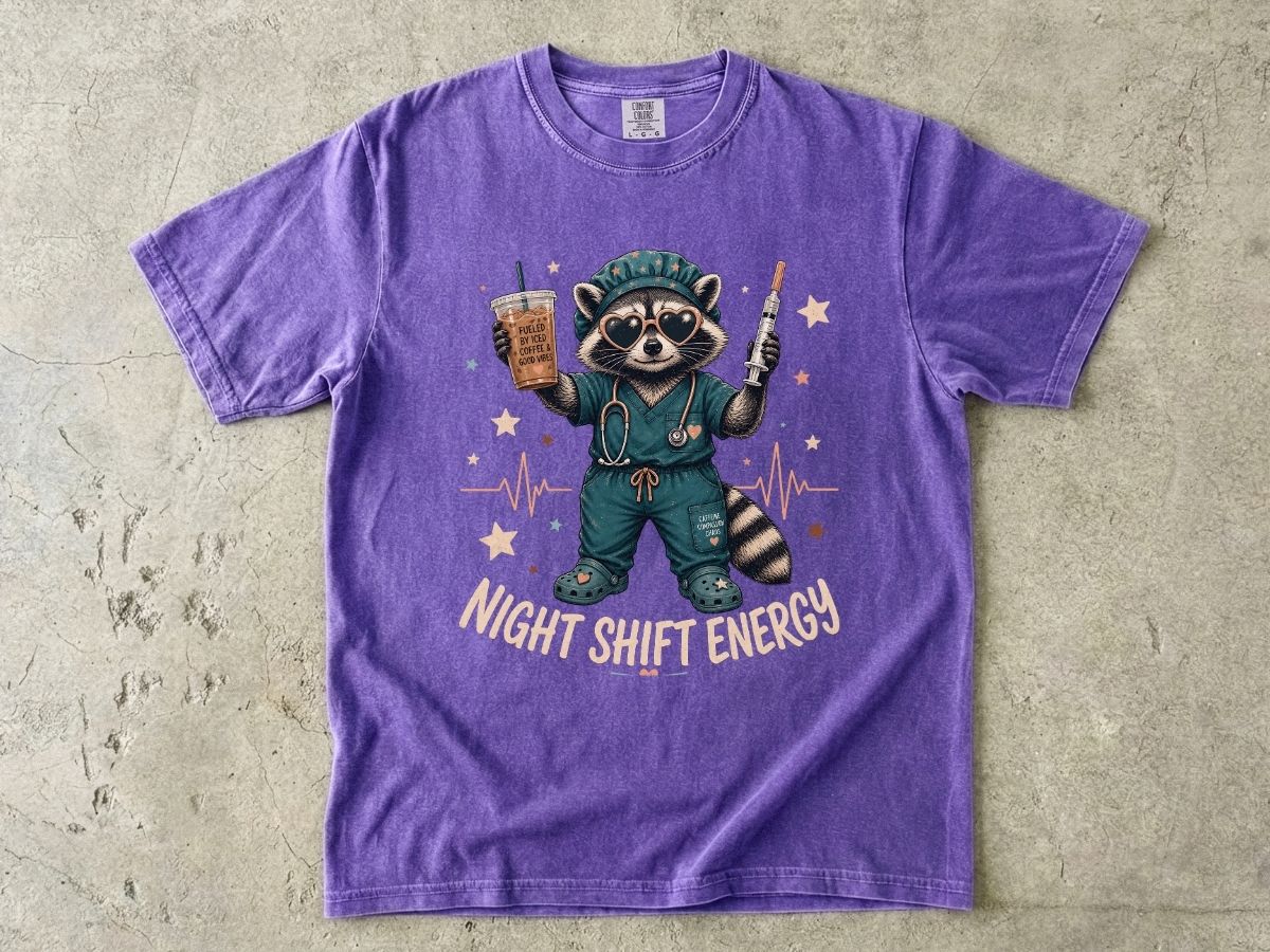 Night Shift Energy T-Shirt — Cute Raccoon Nurse Scrubs Coffee Tee