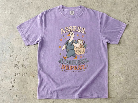 Mail Carrier Goose T-Shirt — "Assess. Address. Repeat." Postal Worker Gift