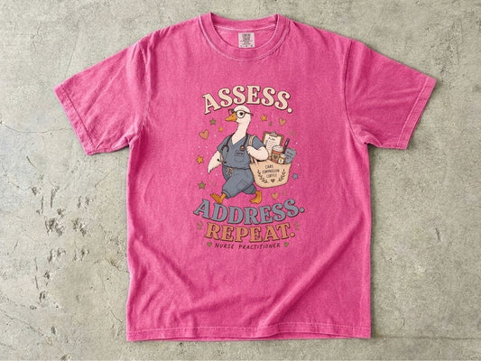 Mail Carrier Goose T-Shirt — "Assess. Address. Repeat." Postal Worker Gift