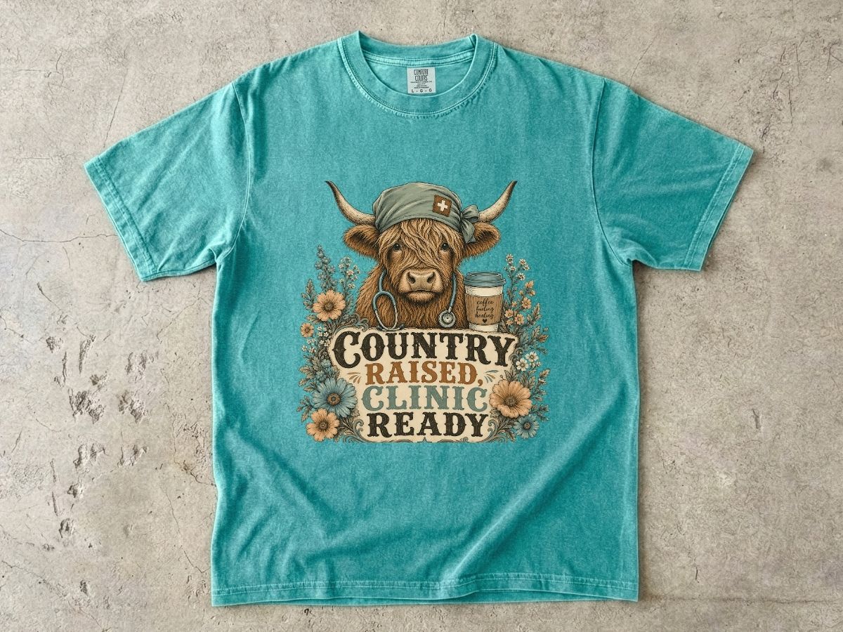 Country Raised, Clinic Ready T-Shirt — Rustic Cow Nurse Graphic Tee