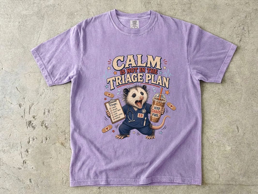 Calm in the Triage Plan T-Shirt — Funny ER Possum Medical Humor Tee