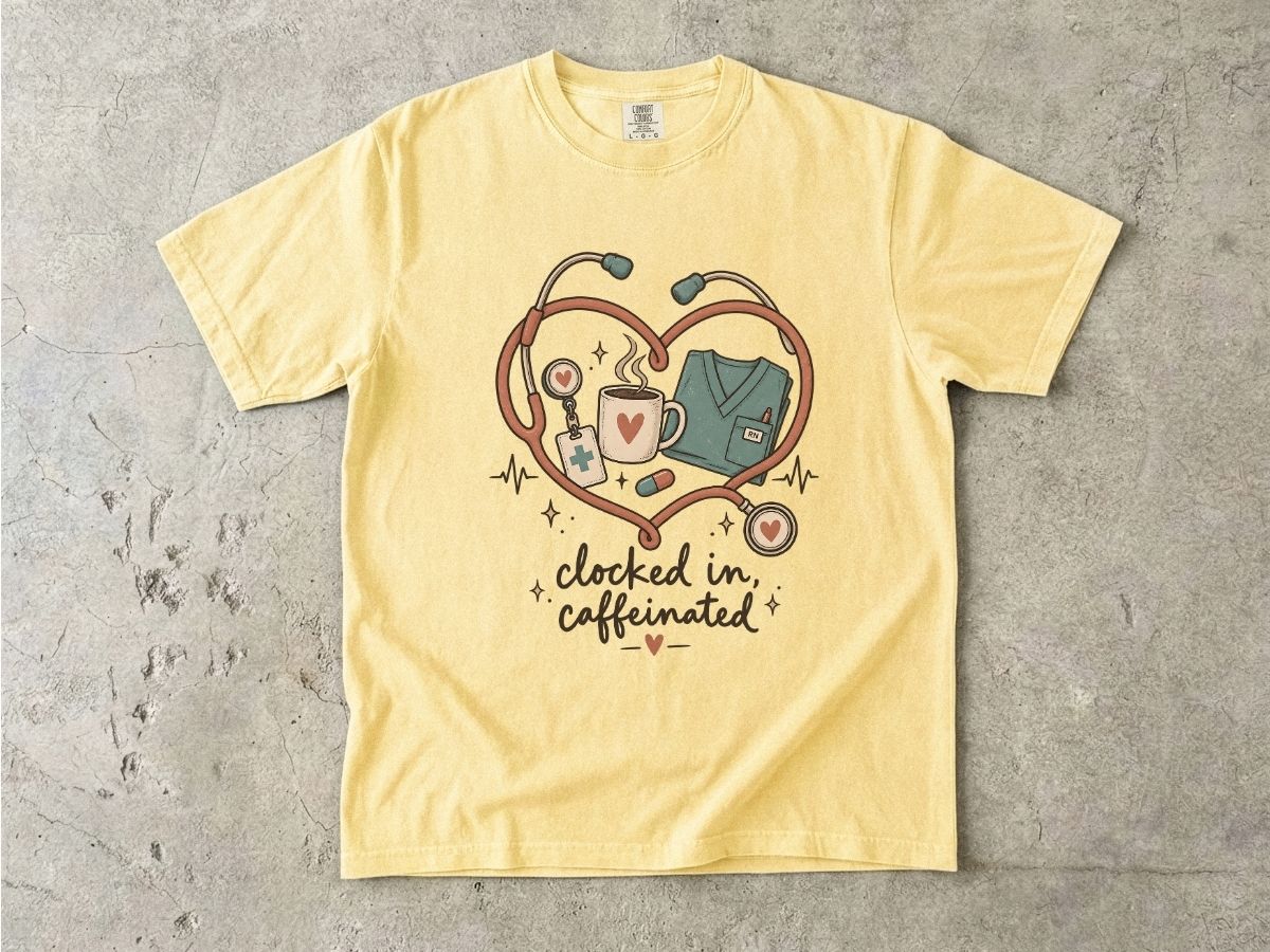 Clocked In & Caffeinated Nurse Shirt | Coffee Nurse Tee