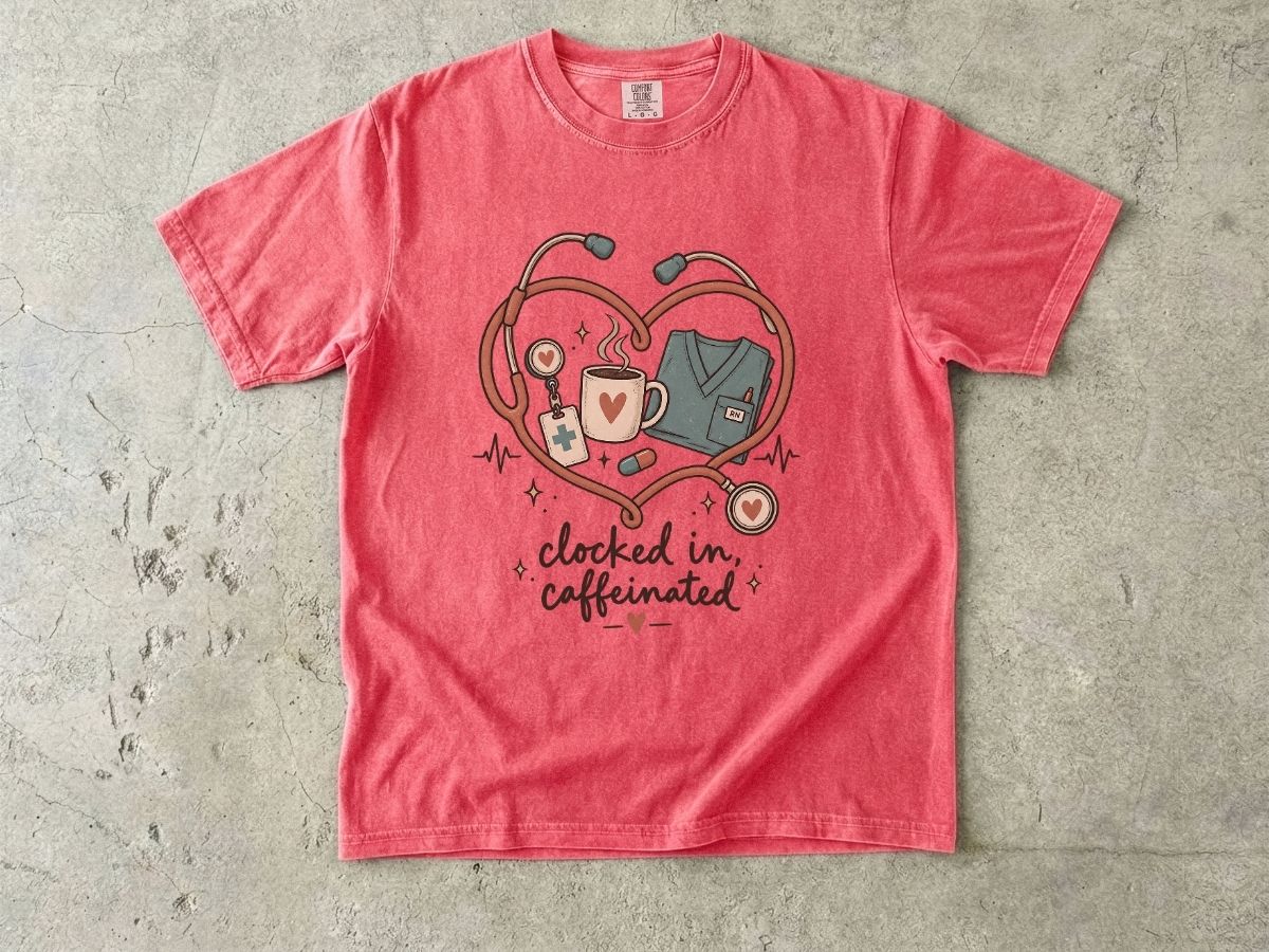 Clocked In & Caffeinated Nurse Shirt | Coffee Nurse Tee