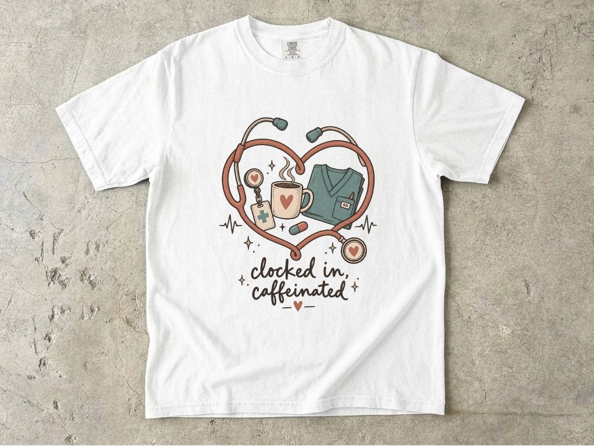 Clocked In & Caffeinated Nurse Shirt | Coffee Nurse Tee