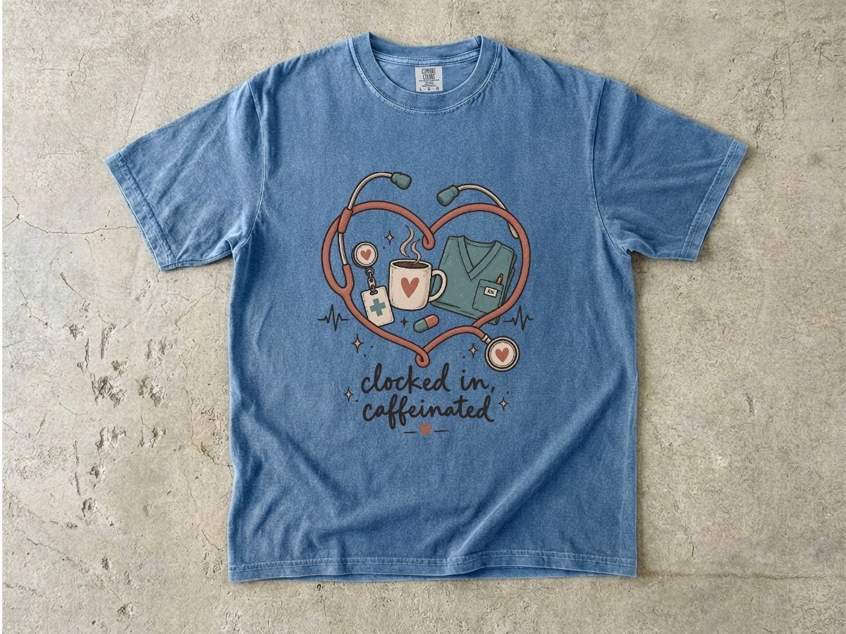 Clocked In & Caffeinated Nurse Shirt | Coffee Nurse Tee