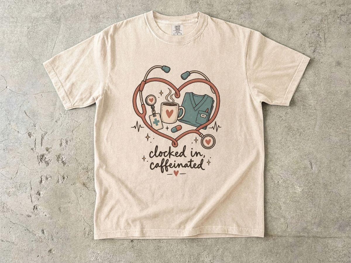 Clocked In & Caffeinated Nurse Shirt | Coffee Nurse Tee