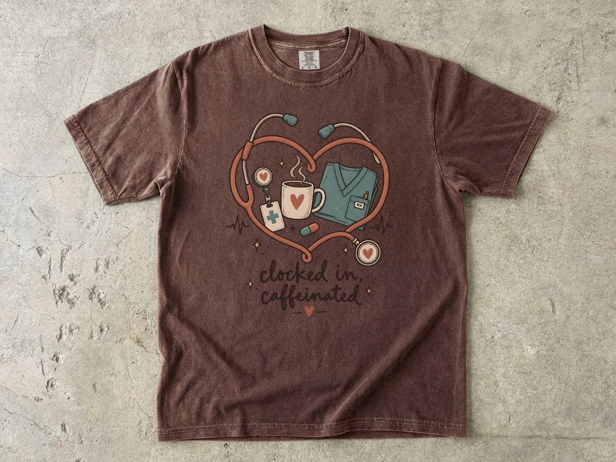 Clocked In & Caffeinated Nurse Shirt | Coffee Nurse Tee