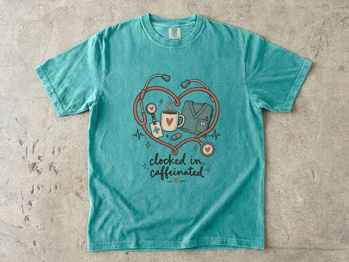 Clocked In & Caffeinated Nurse Shirt | Coffee Nurse Tee
