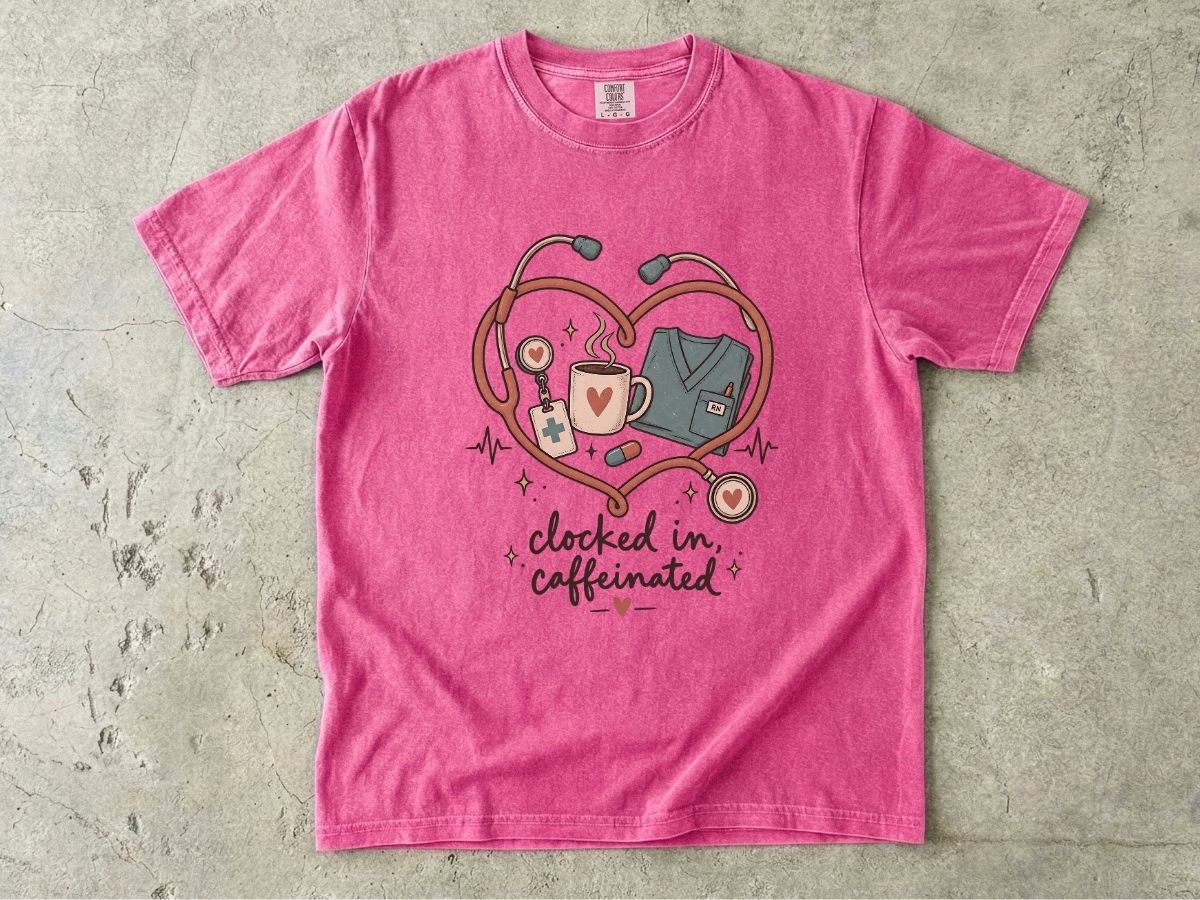 Clocked In & Caffeinated Nurse Shirt | Coffee Nurse Tee