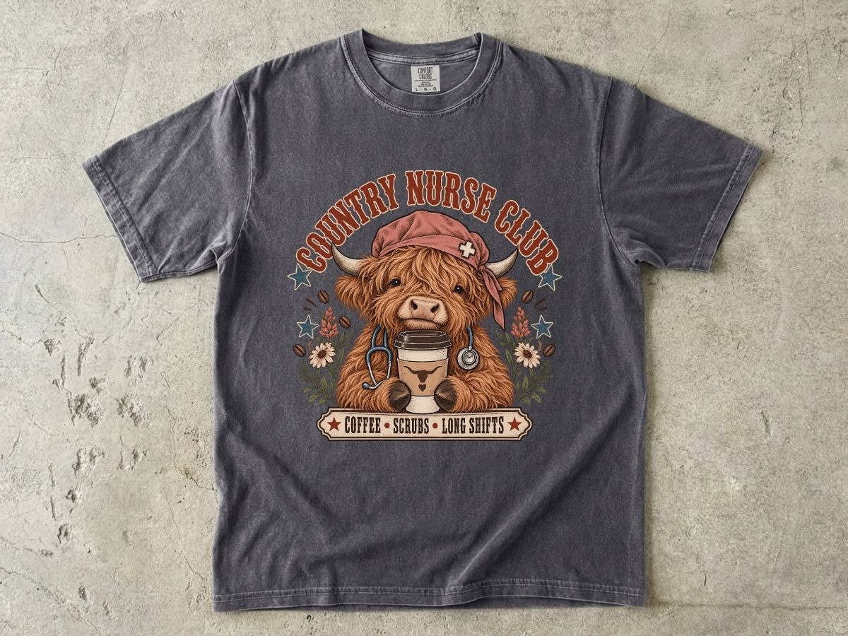 Country Nurse Shirt | Highland Cow RN Graphic Tee & Nurse Gift