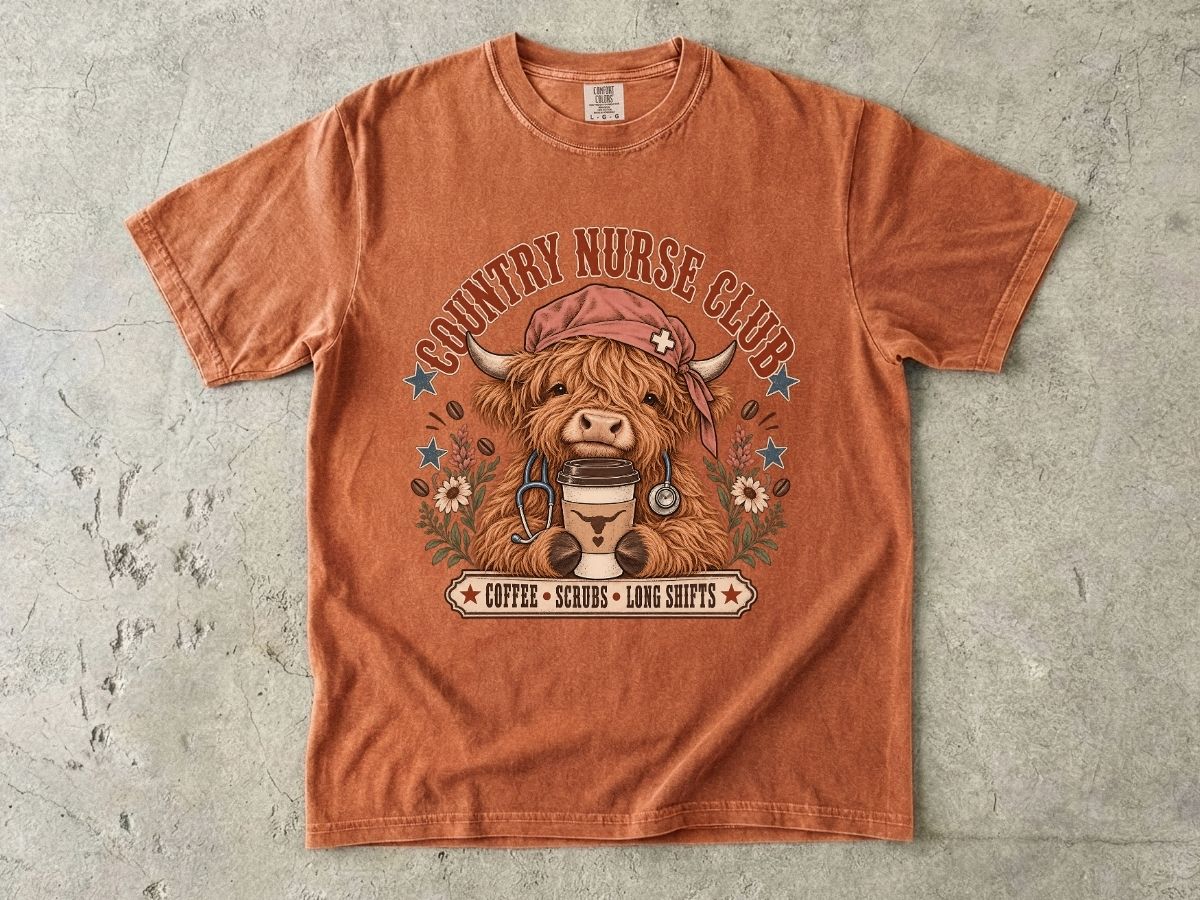 Country Nurse Shirt | Highland Cow RN Graphic Tee & Nurse Gift